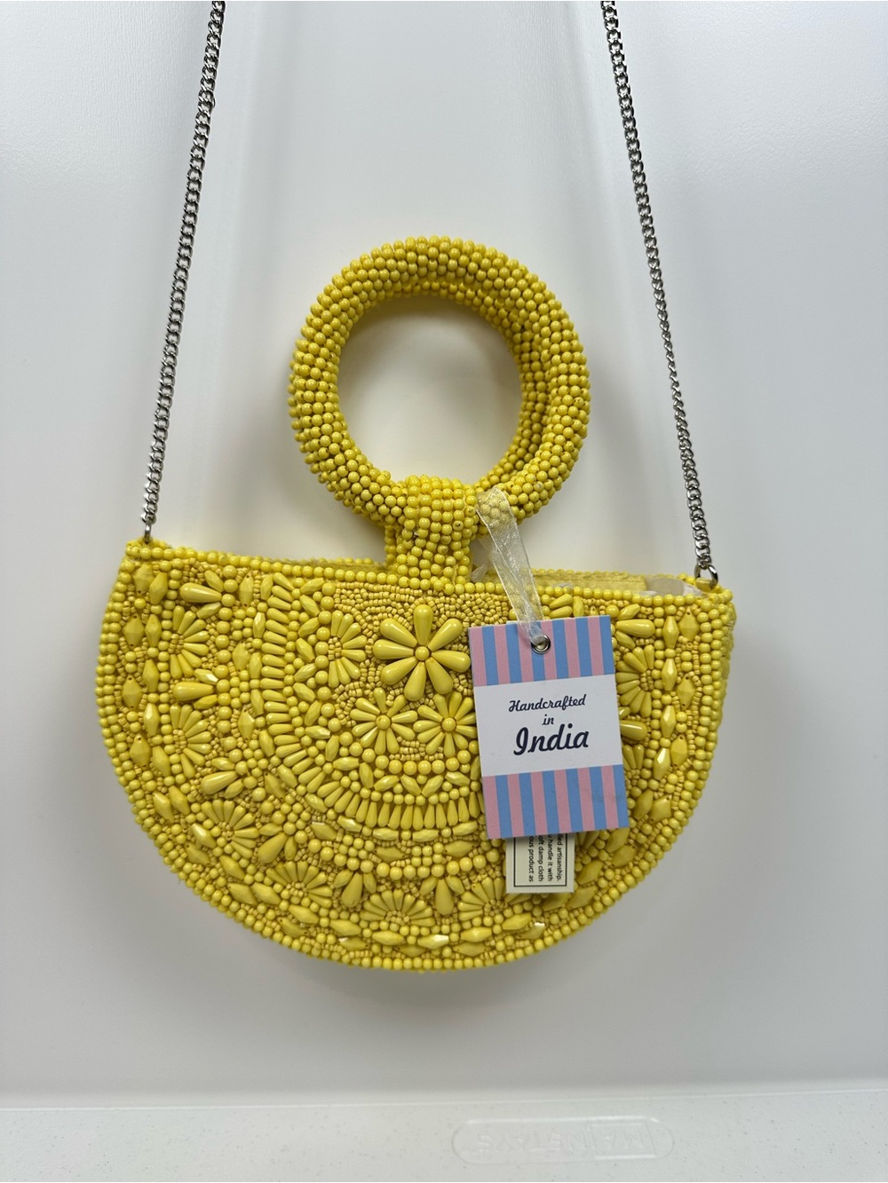 Viral Yellow Beaded‎ Bag Purse Top Handle Crossbody Chain Floral Crescent India